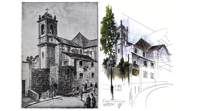 Portas do Sol. À esquerda, desenho de Roque Gameiro; à direita de Vitor Velez (Urban Sketchers Portugal)