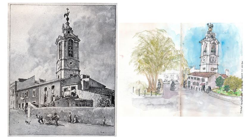 Torre da Ajuda. À esquerda, desenho de Roque Gameiro; à direita de Ana Crispim (Urban Sketchers Portugal)