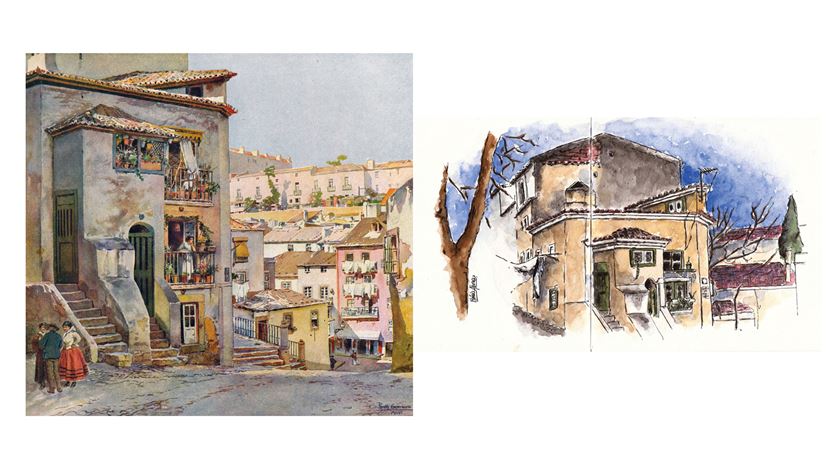 Largo Menino de Deus. À esquerda, desenho de Roque Gameiro; à direita de Monia Abreu (Urban Sketchers Portugal)