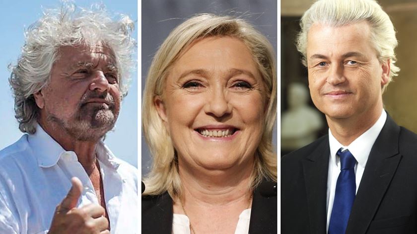 Da esquerda para a direita: Beppe Grillo, Marine Le Pen e Geert Wilders