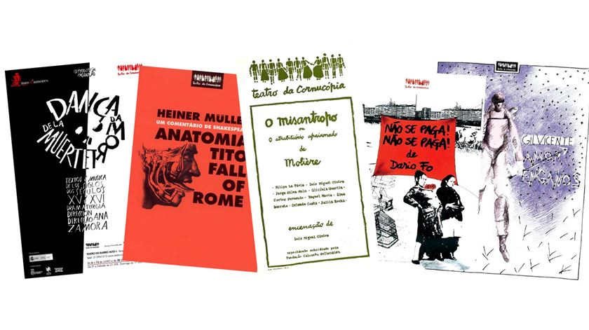 Alguns dos cartazes da história da companhia. Cristina Reis é responsável pela imagem gráfica do Teatro da Cornucópia desde 1975