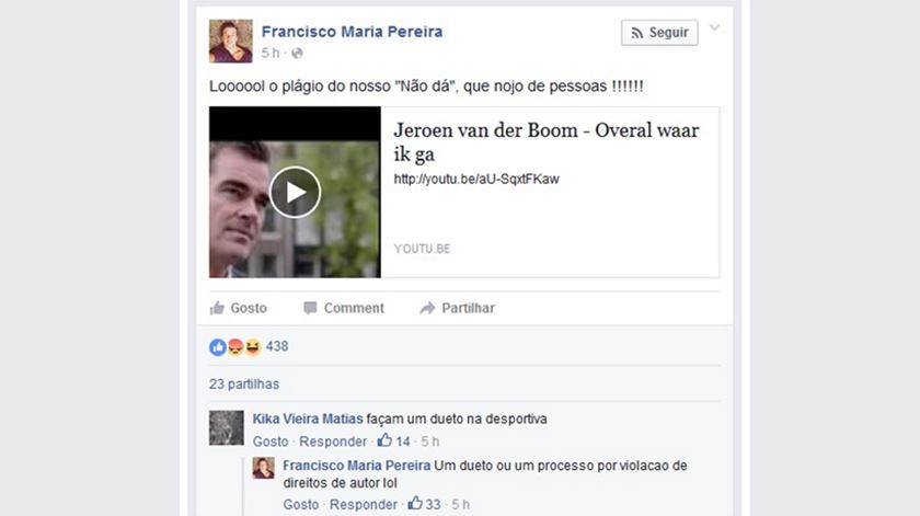 Publicação de Francisco Pereira no Facebook, quando descobriu a versão do cantor holandês