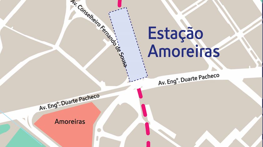 Estação das Amoreiras prevista para o cruzamento da Av. Conselheiro Fernando de Sousa e a Av. Eng. Duarte Pacheco