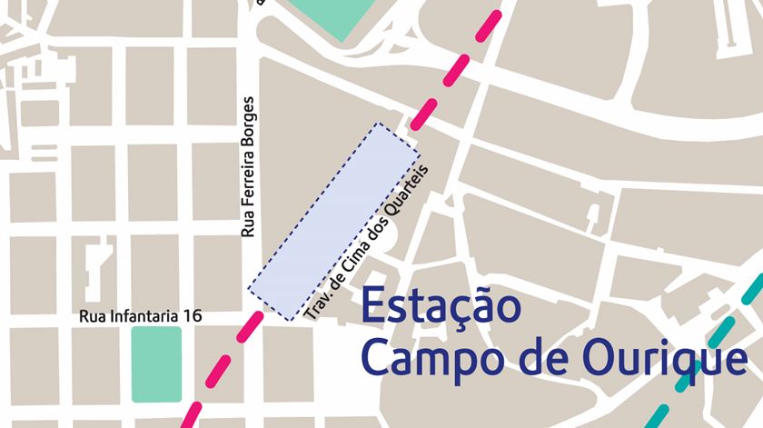 Estação de Campo de Ourique prevista para o cruzamento da Rua Ferreira Borges com a Rua de Infantaria 16