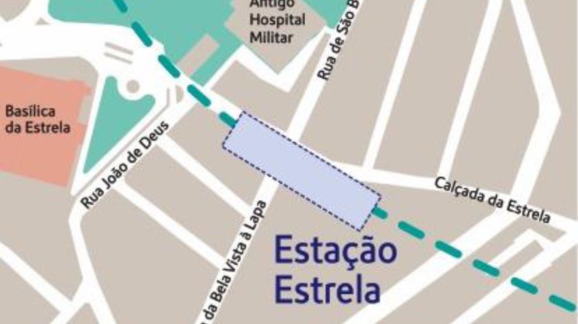 Estação da Estrela, prevista para a zona situada entre a Calçada da Estrela e a Rua da Belavista à Lapa com a Rua de São Bernardo, com acessos junto ao antigo Hospital Militar e em frente à Basílica, cuja praça deverá ser requalificada