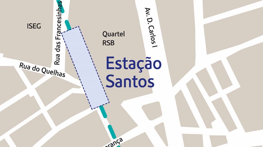 Estação de Santos, prevista para a zona do quartel do Regimento de Sapadores Bombeiros onde se encontra com a Av. D. Carlos I
