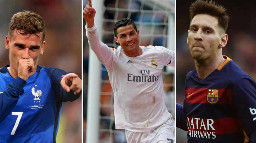 Griezmann, Ronaldo e Messi são os candidatos a melhor jogador do ano. Fotos: EPA