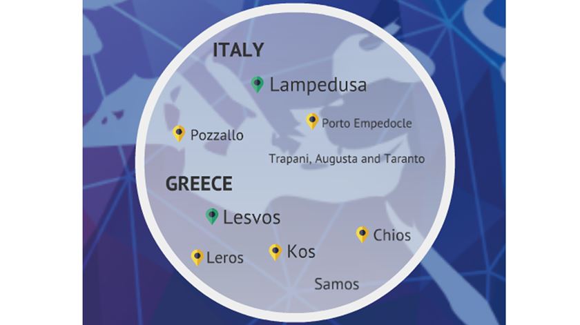 Dos 11 "hotspots" previstos (seis em Itália e cinco na Grécia), apenas dois estão em funcionamento (a verde na imagem)