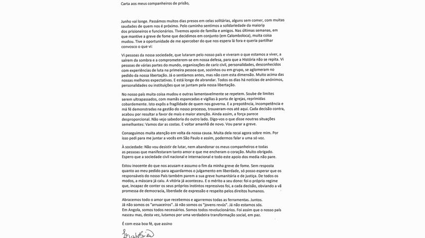 Carta em que Luaty Beirão anuncia fim de greve de fome. Fonte: Rede Angola