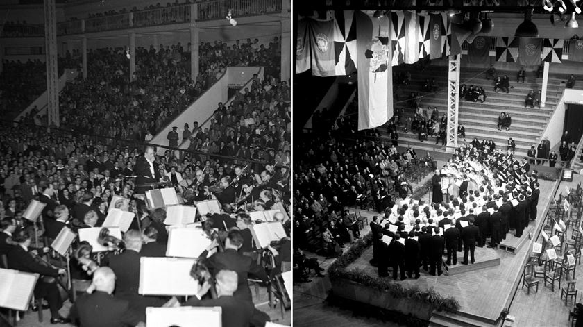 À esquerda, um concerto regido por Vila Lobos, em 1952, e à direita um concerto do Orfeão Pamplonês, em 1949. Fotos: Filmarte/Judah Benoliel/Arquivo Municipal de Lisboa/Colecção Artur João Goulart
