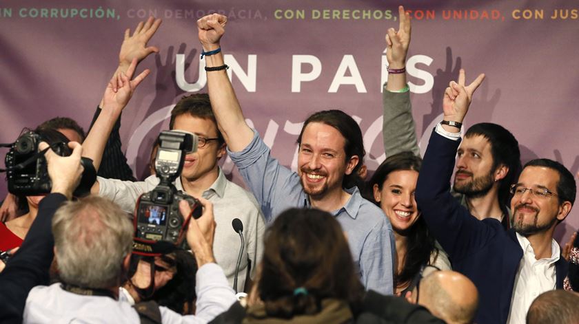 Pablo Iglesias, do Podemos, um dos vencedores da noite. Foto: Juanjo Martin/EPA